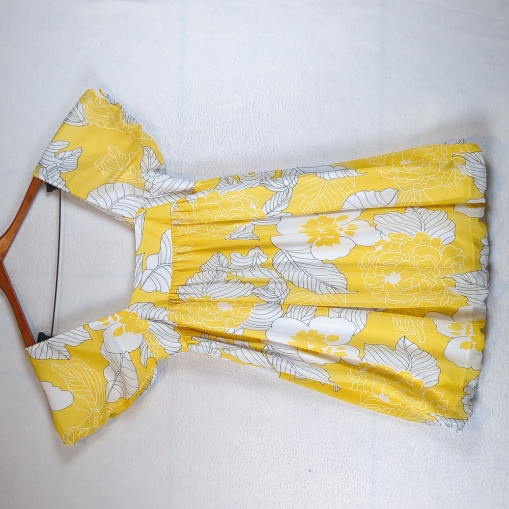 Final Touch Yellow & White Floral‎ Palm Flowy Square Neck Mini Dress M